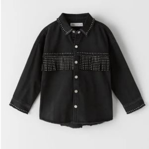 Zara Big Girl Black Fringed Cropped Denim Jacket US 8 Western Studded Edgy